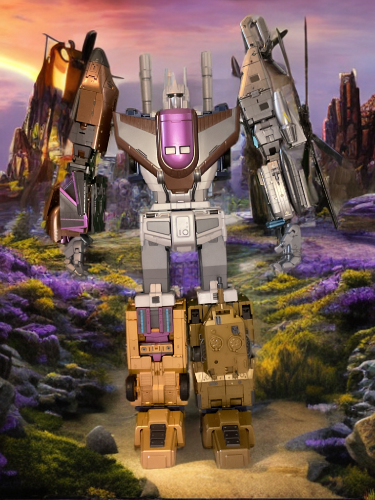 Zeta Toys Bruticus combiner in metallic finish, armed and ready in dynamic pose on fantasy background.