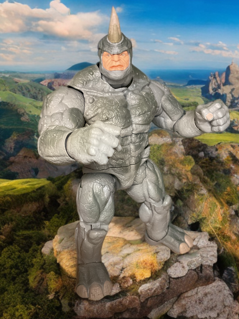 Figurine Rhino de Marvel Legends Retro Spider-Man The Animated Series, avec son énorme corps gris blindé, son casque à cornes, son visage hargneux, et articulée pour des poses de charge puissantes.