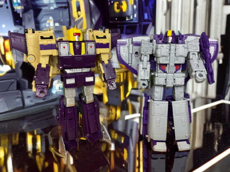 Blitzwing in robot mode, showcasing triple changer heritage with purple and beige armor standing alongside Astrotrain.