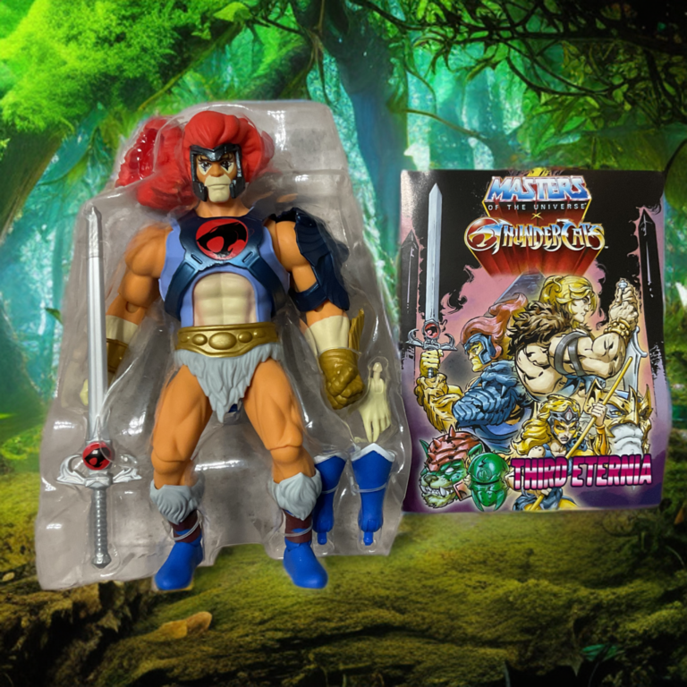 Masters of the Universe Origins Thundercats Lion-O figure sealed in original plastic bubble clamshell packaging on card, accessories visible, mint condition display.