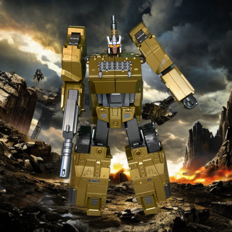 Zeta Toys Brawl as green robot with yellow accents in an apocalyptic setting.