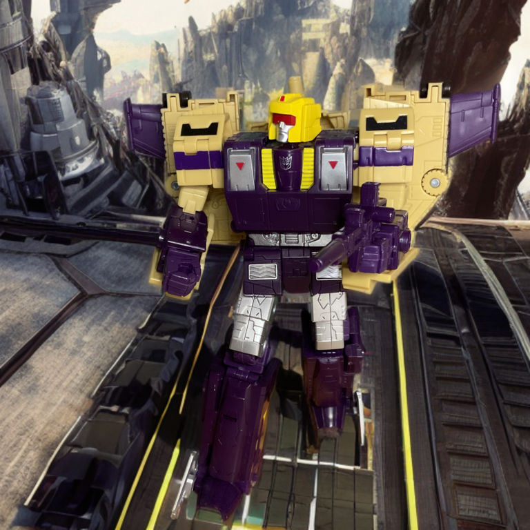 Blitzwing Decepticon in dynamic robot mode pose, purple and yellow accents.