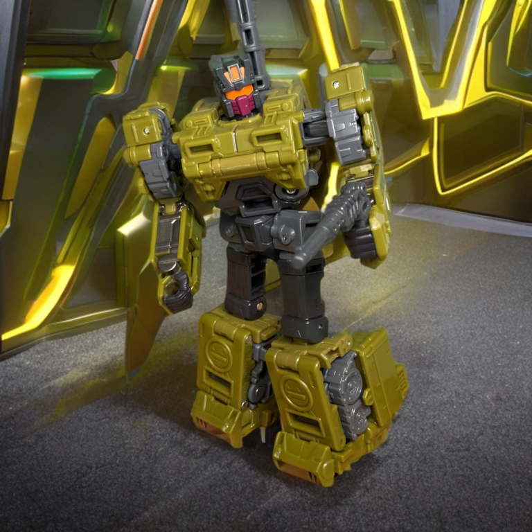 Seitenprofil des Transformers Age of the Primes Brawl Voyager Class Robotermodus mit olivgrüner Rüstung und Proportionen.