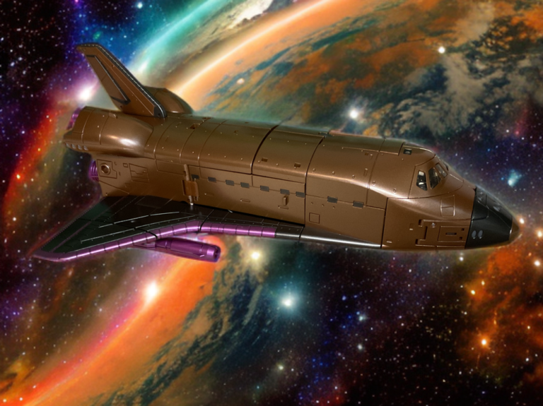 Shuttle close-up view flying through space.