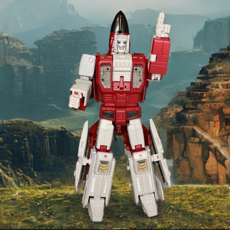 Zeta Fly Fire Metallic in action-oriented robot pose with blaster, premium metallic red paint, flame motifs, and full articulation on display.