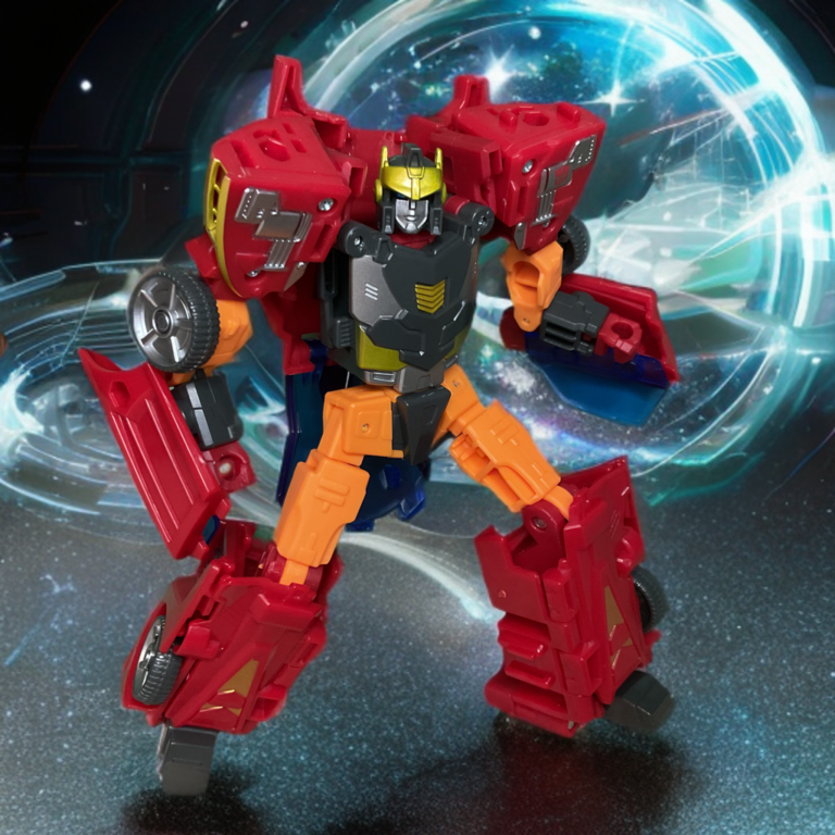 Transformers Age of the Primes Excellion Deluxe figure in neutral robot mode front view with red armor, yellow crest helmet, and blue accents.