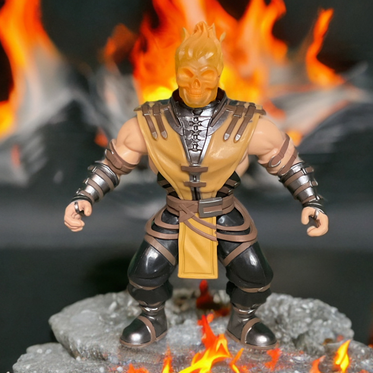 Funko Savage World Scorpion action figure flame head variant, Mortal Kombat MOTU-scale retro knock-off