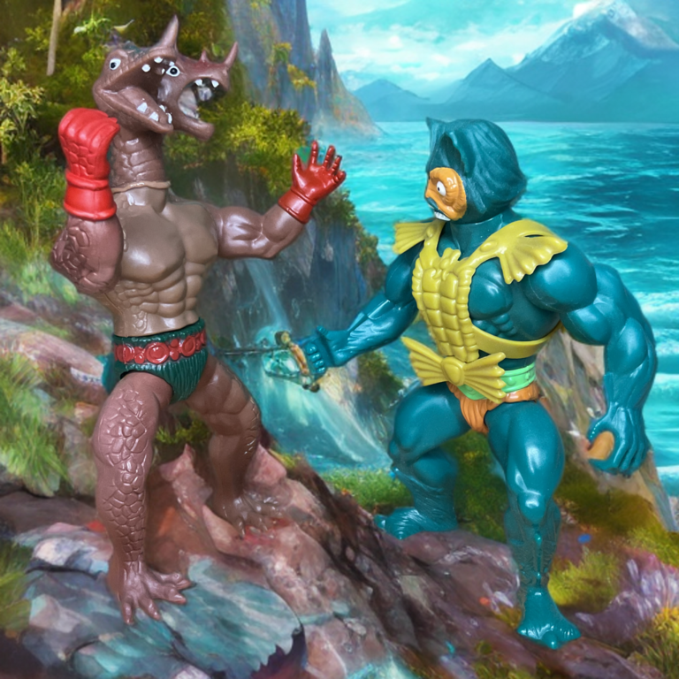 Foto comparativa de uma figura do Monstro Guerreiro ao lado de um Mer-Man de Masters of the Universe.
