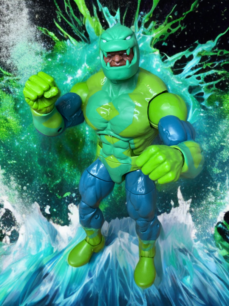 Figurine Puff Adder de Marvel Legends sous forme agrandie et écailleuse, mettant en valeur sa taille énorme et son design de méchant serpentin.