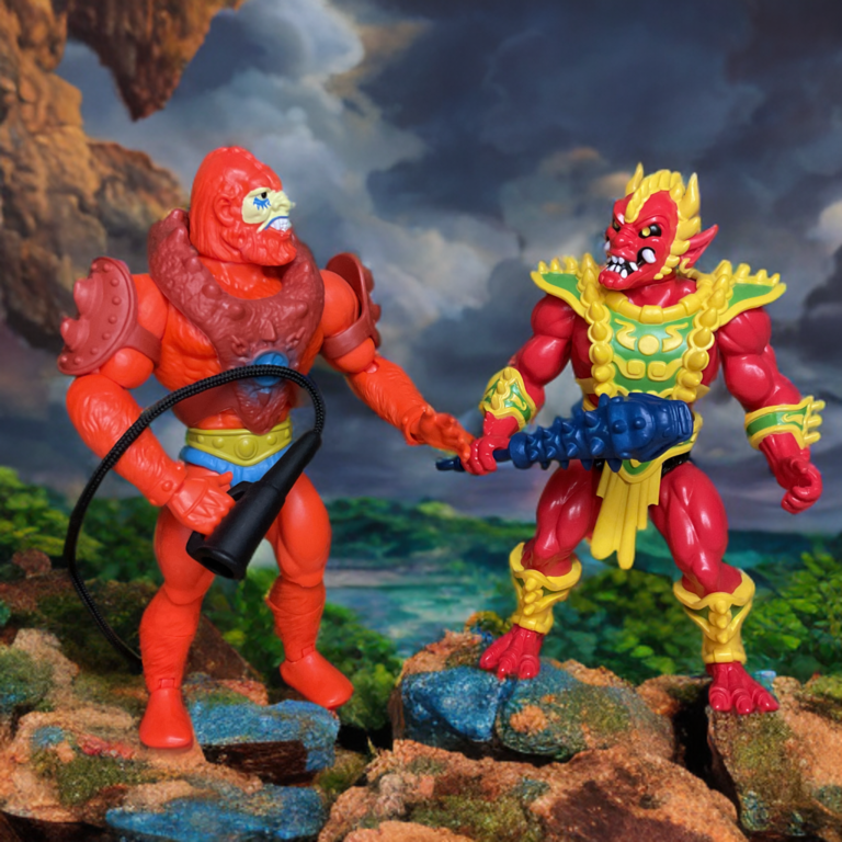 La figurine de Beast Man des Maîtres de l'Univers comparée côte à côte avec la figurine du chasseur de démons rouge Legends of Dragonore Onitor dans l'affrontement des méchants bestiaux.