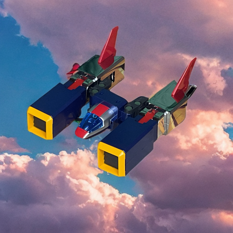 Bandai Soul of Chogokin GX-31SP Volt Bomber in complete bomber vehicle mode, blue body with red and white accents, large swept wings, thrusters, and cockpit detail, posed in aerial readiness.
