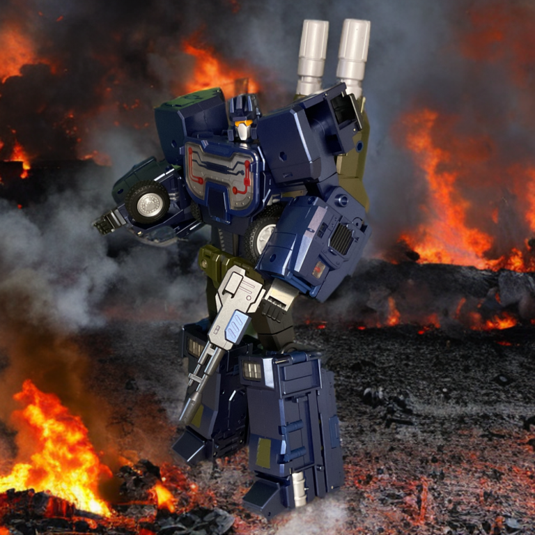 Side view of Blitzkrieg in robot mode with cannons raised, on fiery background.