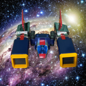 Voltes V's Volt Bomber blue bomber jet soaring through the sky, wide wings extended, red accents and blue fuselage with white panels, trailing exhaust in formation flight.