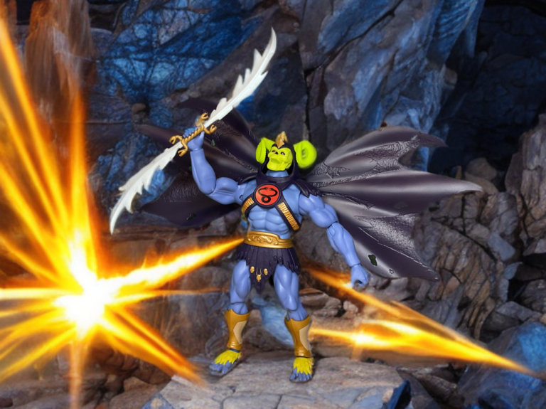 Skell-Ra in dynamic battle pose holding Sword of Plun-Darr, Masters of the Universe Origins deluxe crossover villain.