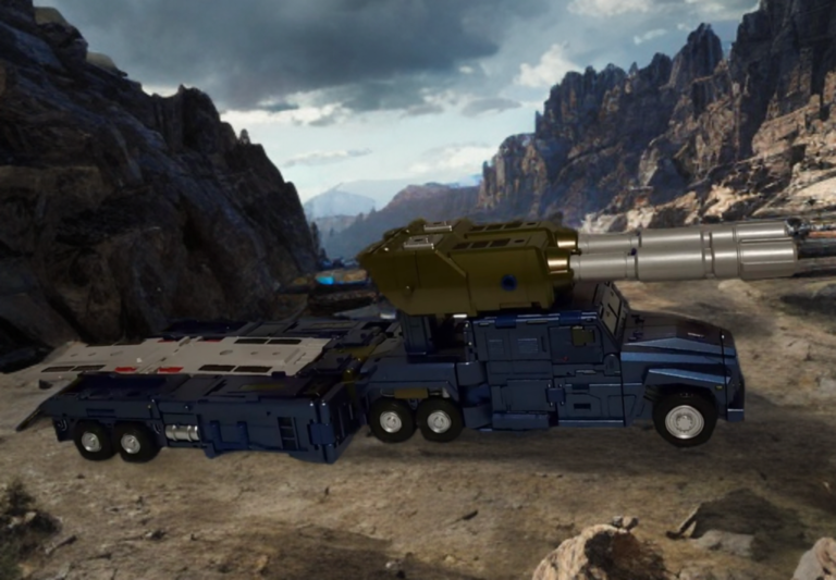 Zeta Toys Blitzkrieg aka Onslaught with flat bed and dual cannons against mountainous terrain.