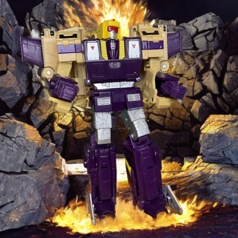 Transformers Animated Blitzwing robot mode with blue Icy face and monocle, purple and beige armor.