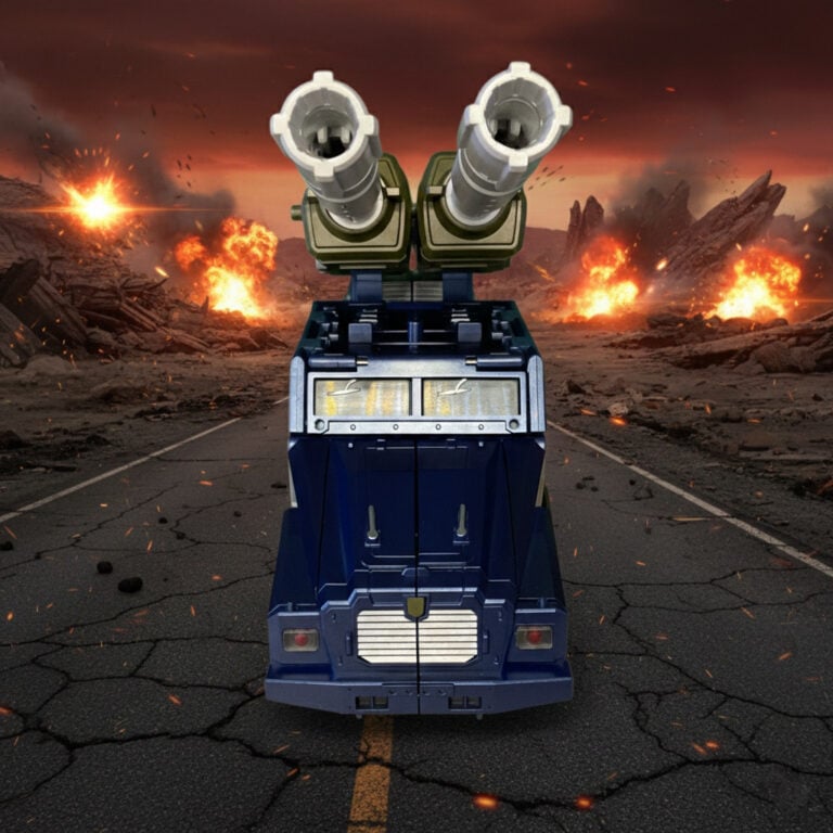 Front view of Blitzkrieg in truck mode with canons ready with fires and explosions in the background.