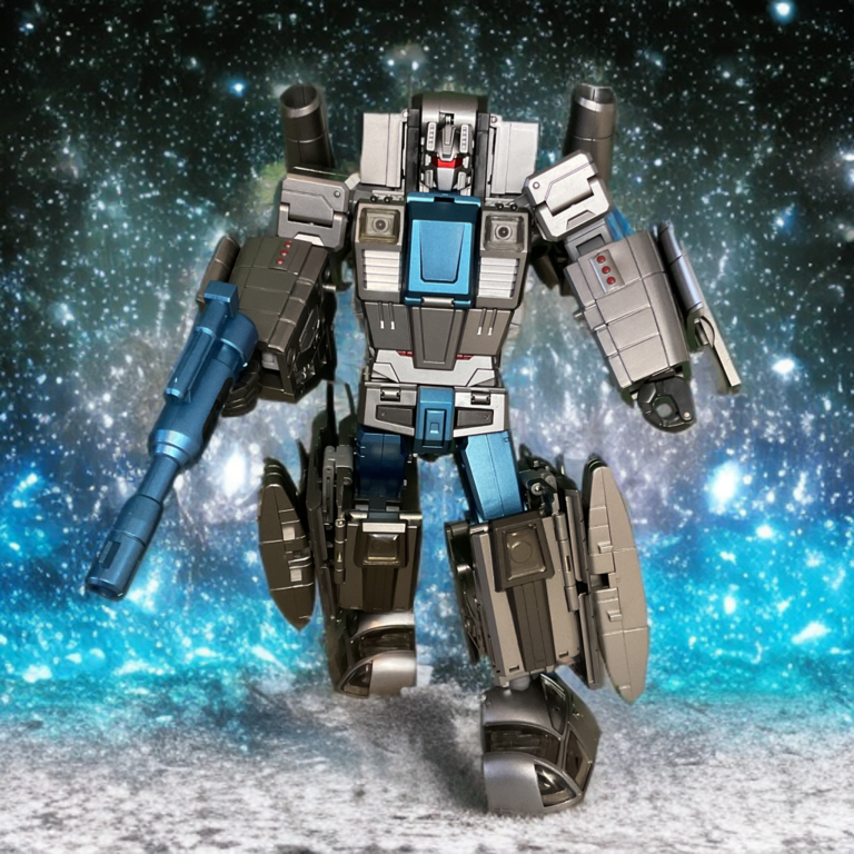 Zeta Toys Whirlblade robot mode in aggressive stance, purple torso with red vents, gray shoulders and legs, large cannon raised on dark surface.