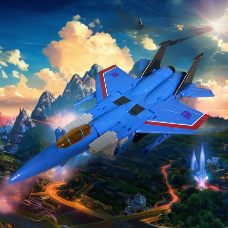 トランスフォーマー スタジオシリーズ サンダークラッカー ジェットモード クローズアップ、青い戦闘機にシルバーのインテークと赤いストライプが見える。.