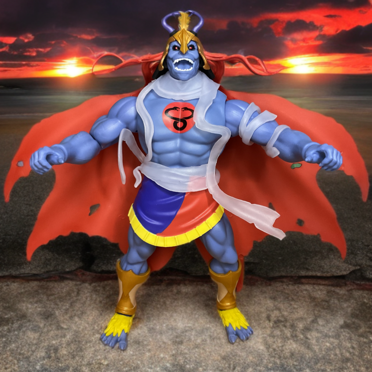 Fully transformed Mumm-Ra mode of the Skell-Ra figure, red cape and bandaged armor from MOTU Origins crossover.