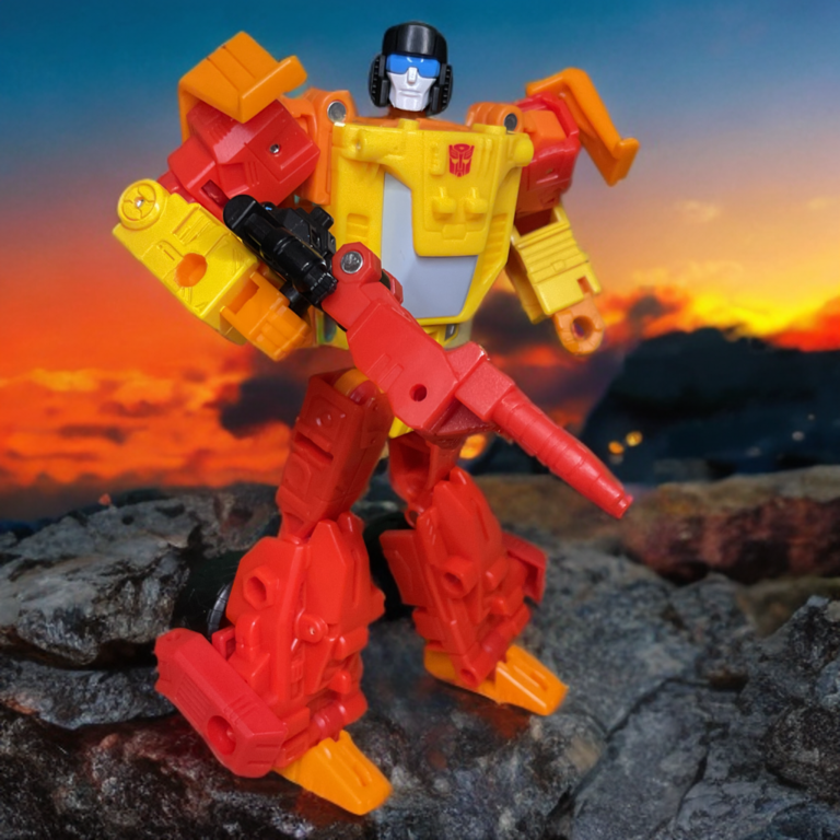 Figura Posable Transformers Sureshot em posição de ação, demonstrando ombros articulados e joelhos dobrados.