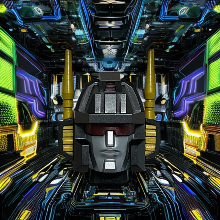 Standalone alternate head sculpt for Zeta Toys ZB-06 Superitron Metallic Edition combiner, visor helmet detail with metallic finishes and light-piping eyes.