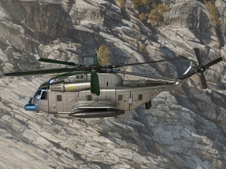 Zeta Toys Whirlblade helicopter alt mode in mid-air pose with glowing effects, gray fuselage, black rotors, and blue front details against a rocky mountain background.