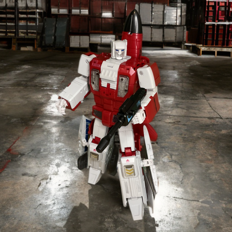 Full body robot mode of Zeta Toys ZB-06 Fly Fire Metallic Edition, metallic red dominant with silver highlights and flame arm detailing, standing pose.