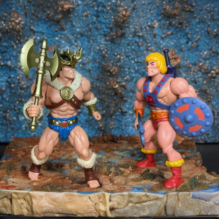 Figurine MOTU He-Man comparée côte à côte avec la figurine du barbare héroïque Legends of Dragonore Guerrero.