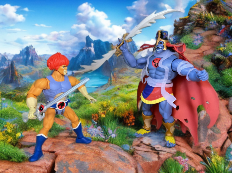 Mumm-Ra versus Lion-O in full ThunderCats mode, intense battle pose with glowing eyes and weapons drawn.