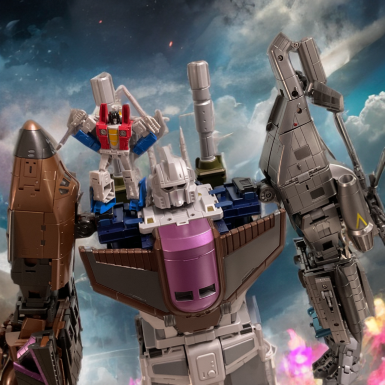 Massive robot figure in dynamic pose with a sleek smaller robot figure riding on its shoulder for dramatic scale emphasis.