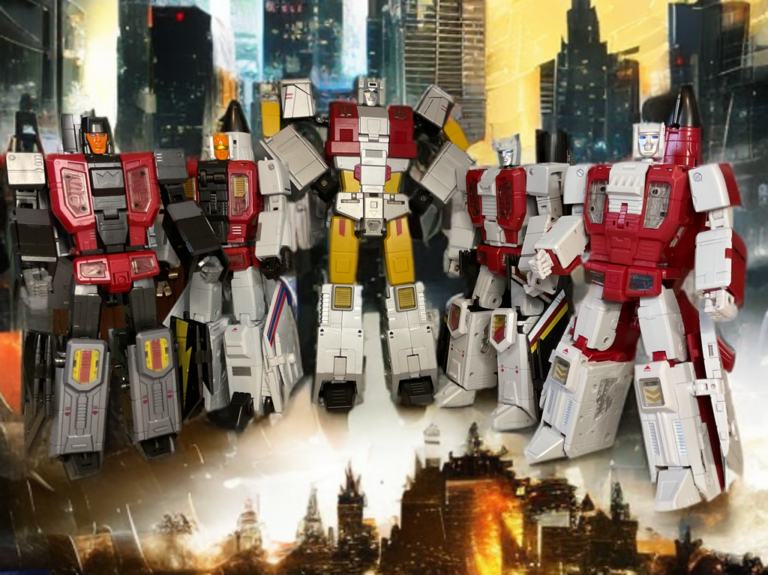Group pose of all five Zeta Toys ZB-06 Superitron Metallic Edition Aerialbots in robot mode: Silver Arrow (leader), Airstrike, Fly Fire, Downthrust, and Catapult, glossy metallic red, blue, white, and maroon finishes with detailed articulation.