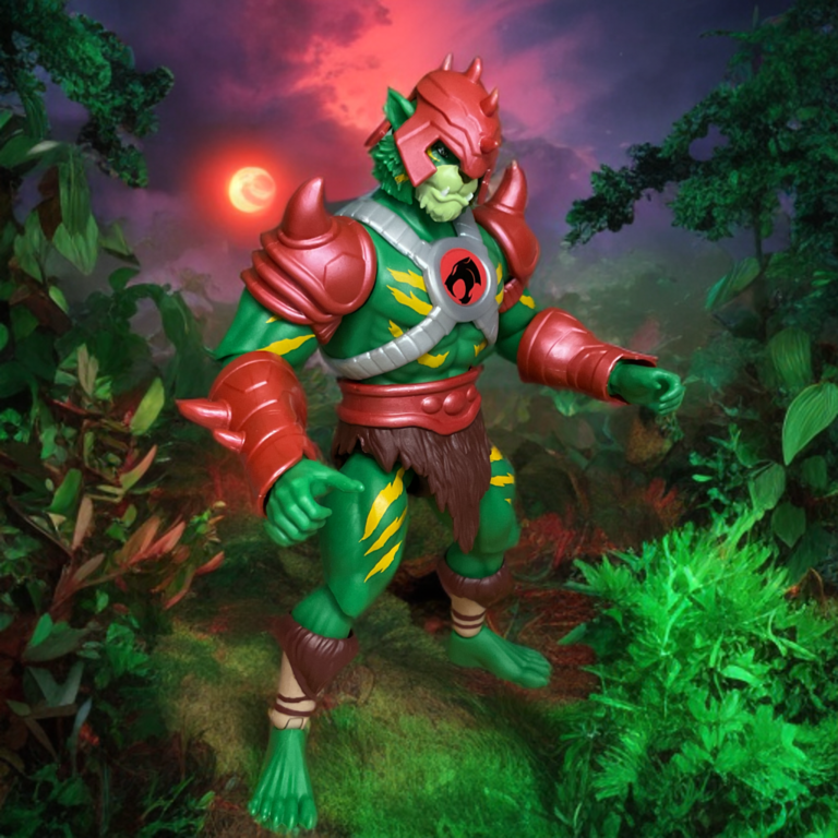 Side profile of Masters of the Universe Origins Battle Cat-Man showing fur-trimmed skirt armor and bracers.