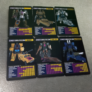 Assortment of robot toy trading cards displaying artwork, stats, and lore elements for collectors.