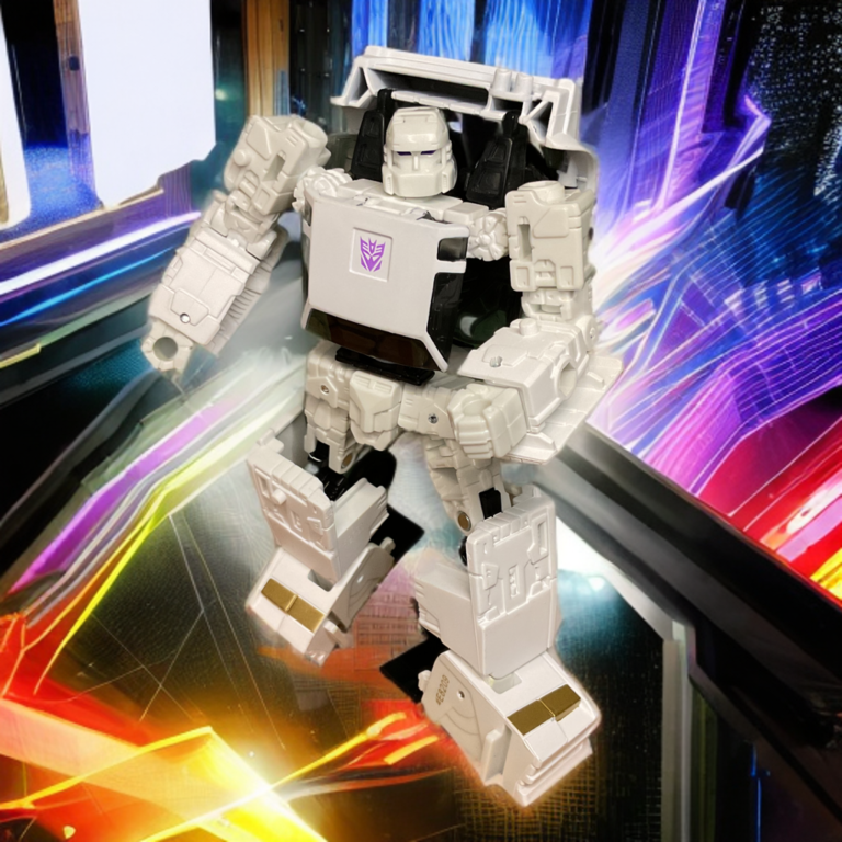 Earthrise Runamuck in full robot mode, white armor with black joints, gold thigh details, and purple eyes.