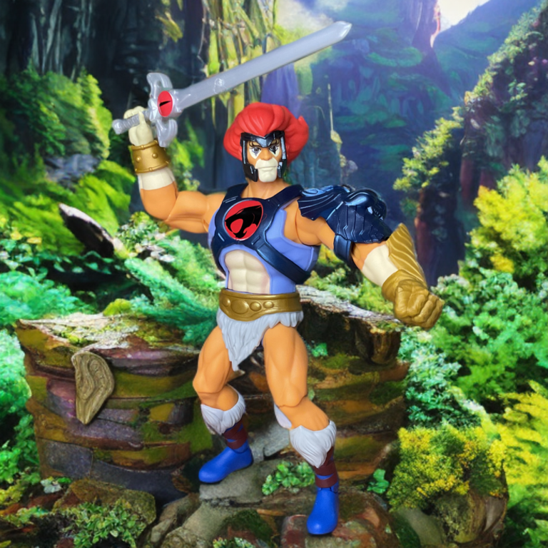 MOTU Origins Thundercats Lion-O figure posed on a rocky cliff overlooking misty green forest, armor gleaming, natural outdoor setting.