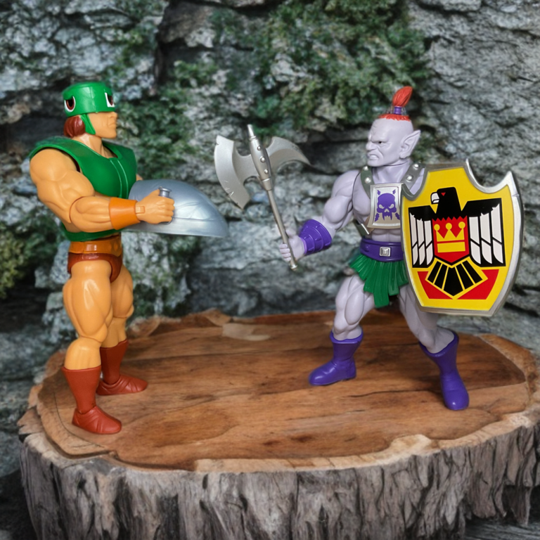 La figurine des Maîtres de l'Univers Tri-Klops avec trois yeux rotatifs comparée côte à côte avec la figurine du créateur de chaos imparable Baltard de Legends of Dragonore dans un match de méchants à yeux multiples.