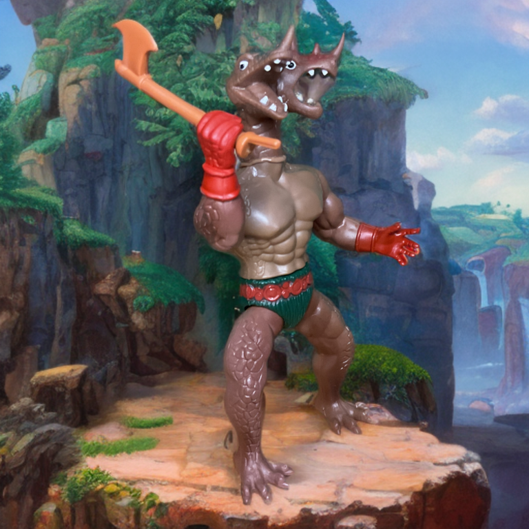 Vista frontal da figura Hydraz Warrior Beasts, duas cabeças serpentinas com rosnados abertos, presas, chifres, corpo marrom escamado, manoplas vermelhas, tanga com franjas verdes, segurando um machado marrom e um machado em posição poderosa.