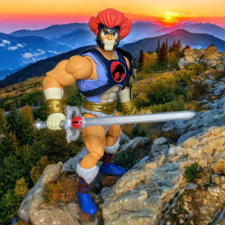 Thundercats MOTU Origins Lion-O action figure standing at mountain overlook with distant peaks, wind-swept mane, epic natural backdrop.