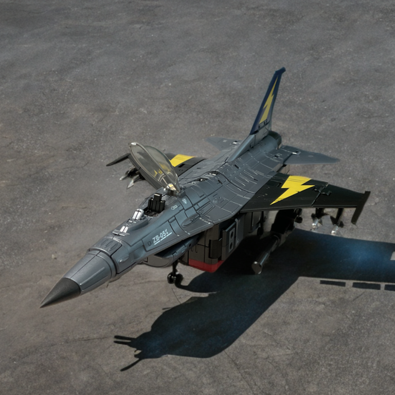 Zeta Toys ZB-06 Downthrust Metallic Edition F-16 Fighting Falcon jet mode, metallic blue dominant with white and gray accents, front three-quarter view.