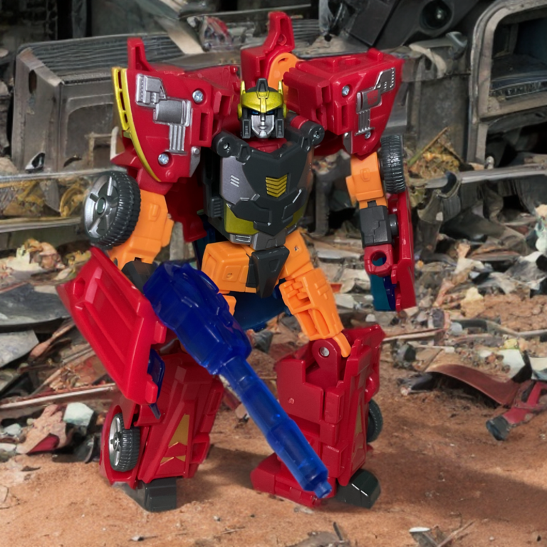 Transformers Age of the Primes Excellion robot mode front pose showing yellow helmet, red shoulders, orange limbs, and translucent blue blaster.