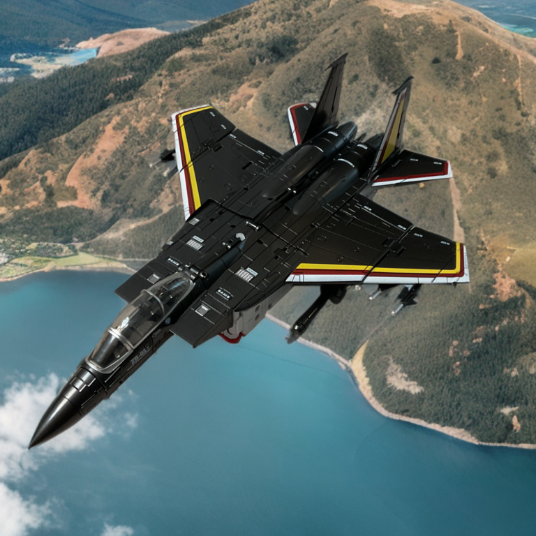 Top view of Zeta Superitron Metallic Airstrike in F-15 fighter jet mode, glossy metallic blue finish and aerodynamic design.