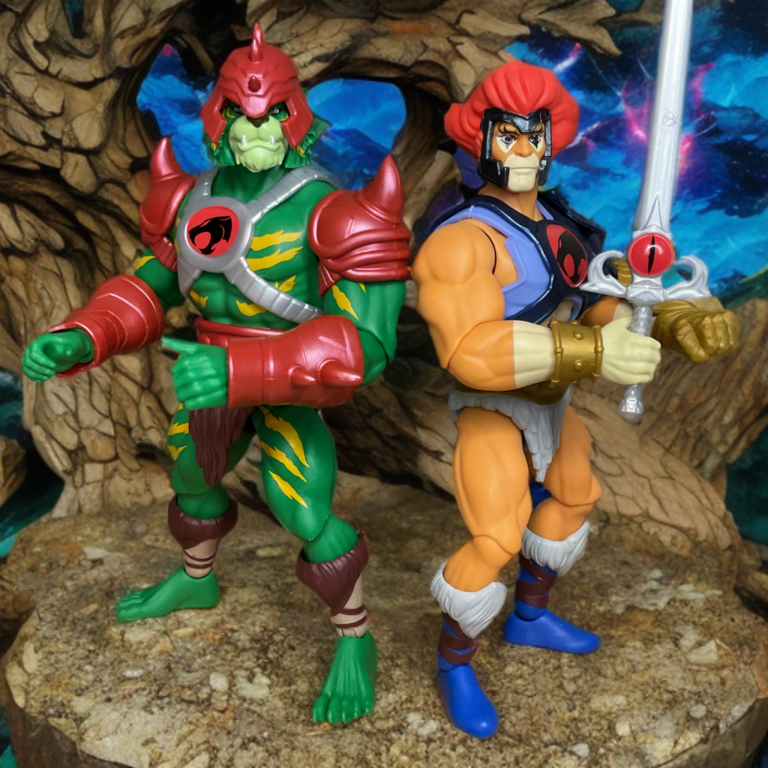 Masters of the Universe Origins Battle Cat-Man figure standing next to Lion-O in ThunderCats crossover display.