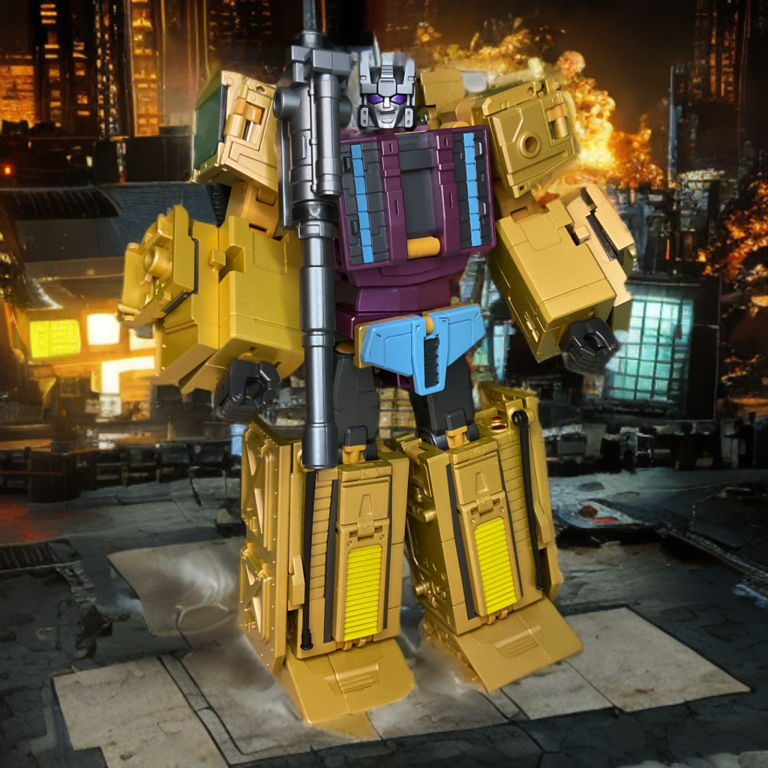 Zeta Toys Racket robot mode in action pose, tan body with purple and blue details, large black shoulder guns extended on dark backdrop.