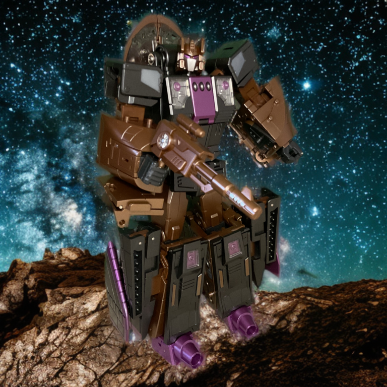 Shuttle-based robot in powerful stance with guns raised.