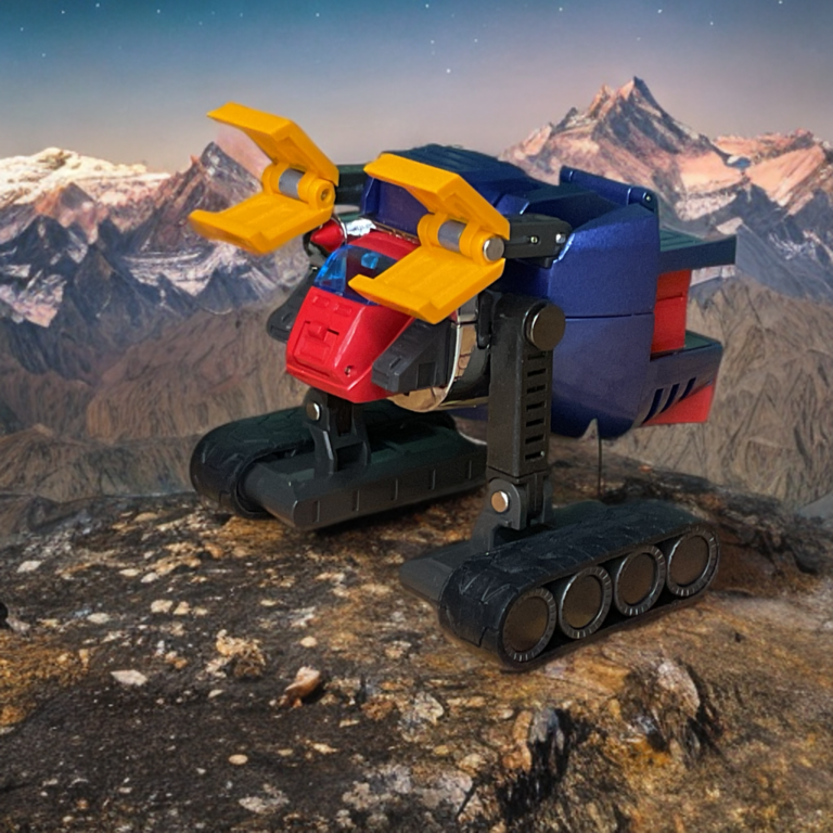 Voltes V's Volt Panzer blue armored tank rolling across terrain, heavy treads engaged, red accents and blue body with cannon barrel extended for ground assault.