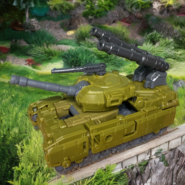 Nahaufnahme des Turms und der Kanonen von Transformers Age of the Primes Combaticon Brawl im Panzerfahrzeugmodus.