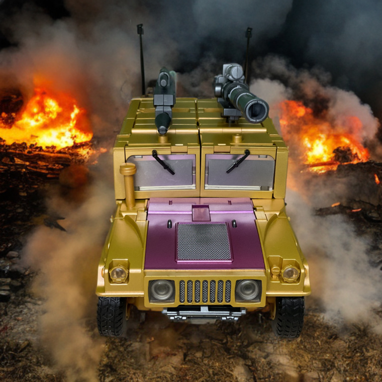 eta Toys Racket metallic jeep alt mode, gold body with purple hood, black roof cannon, antennas, and rugged wheels on fiery backdrop.