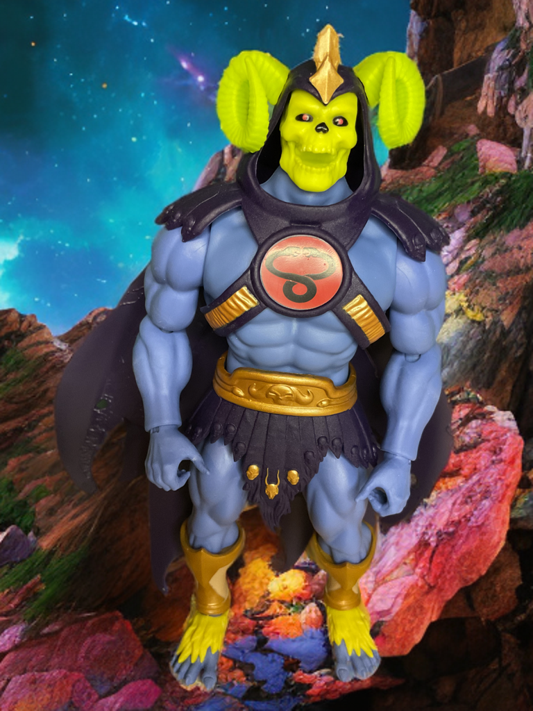 Skell-Ra MOTU Origins figure displayed in premium crossover collectible.