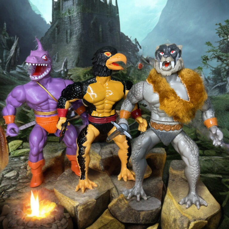 Uma fileira de figuras de Warrior Beasts em pé em uma superfície rochosa com um cenário de fantasia épica.